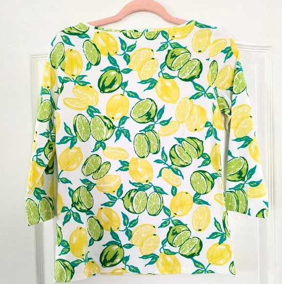 Talbots Lemon Lime Print Cotton Blend 3/4 Sleeve Boat Neck Top Size PS‎ Summer - Picture 3 of 6
